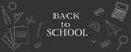 Banner back to school vector illustration black and white coloring. Stationery items paint pencils notebooks paper plane scissors